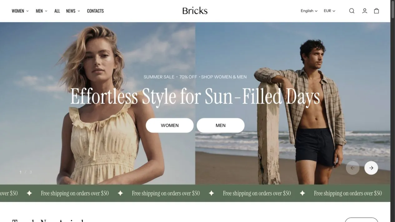 Bricks demo storefront with a summer fashion campaign and shopping links