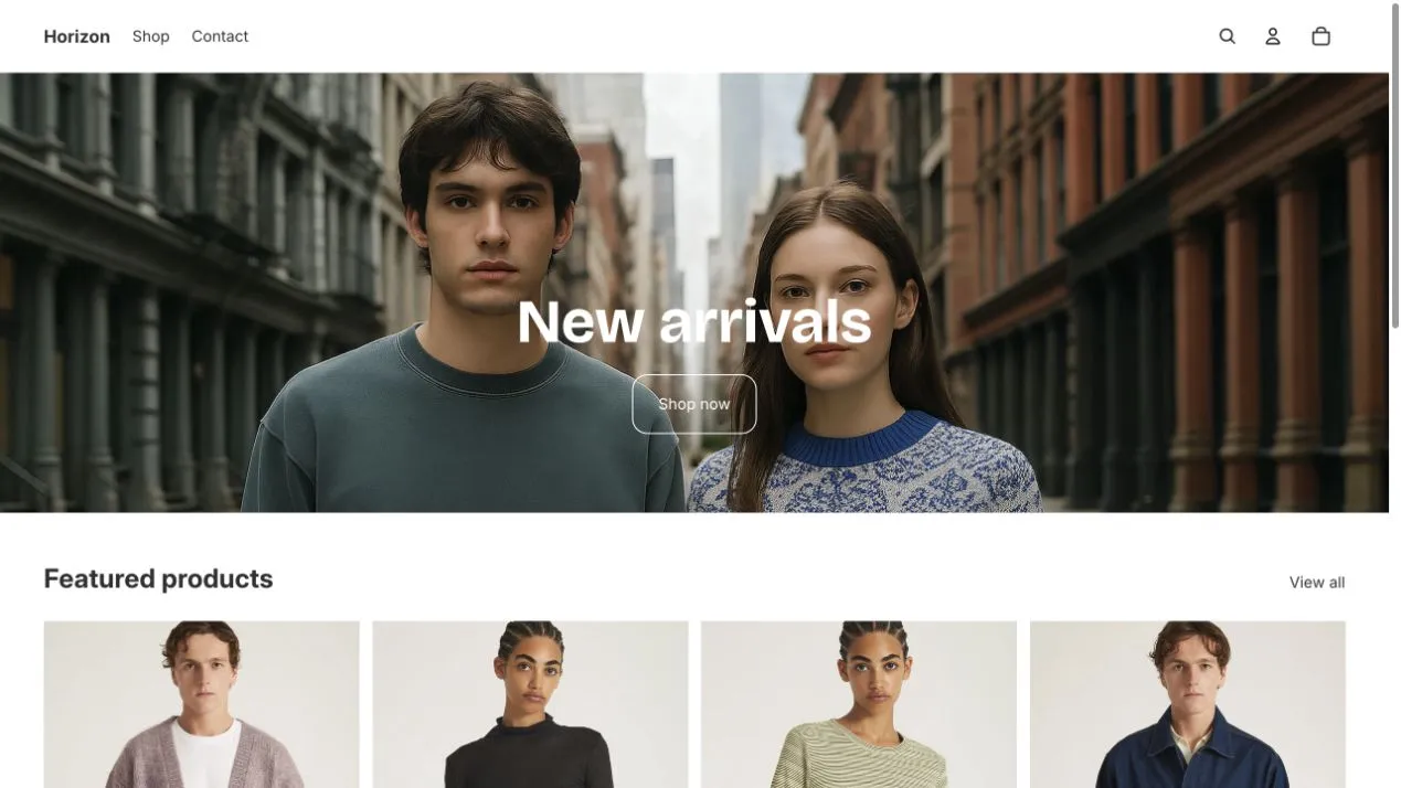 Horizon demo storefront with a New arrivals hero and featured products